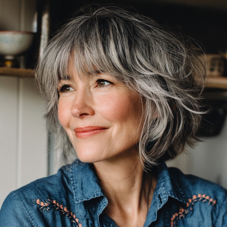 Chic Layered Gray Bob with Soft Texture