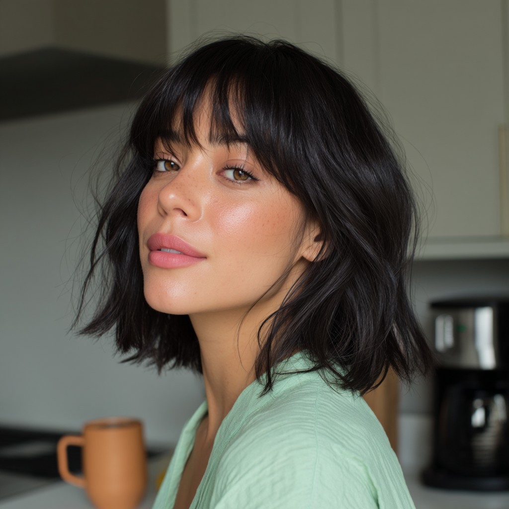 Chic Layered Shaggy Bob with Soft Bangs