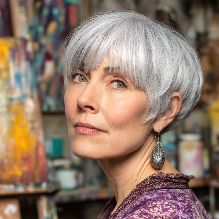Chic Short Silver Shag with Textured Bangs