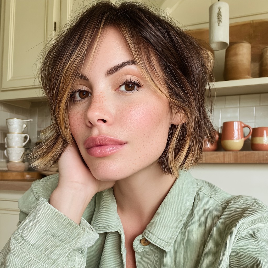 Chic Textured Bob with Subtle Caramel Highlights