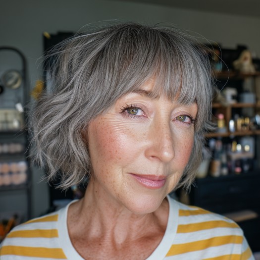 Chic Textured Gray Bob with Soft Bangs