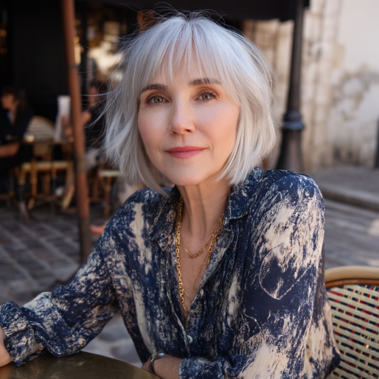 Elegant Silver Layered Bob with Face-Framing Bangs