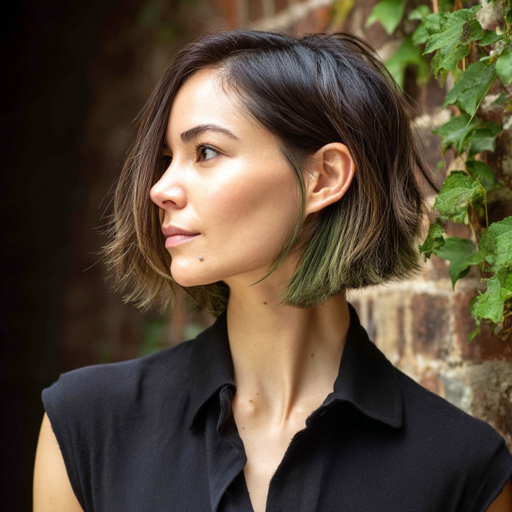 Modern Asymmetrical Bob with Subtle Green Highlights