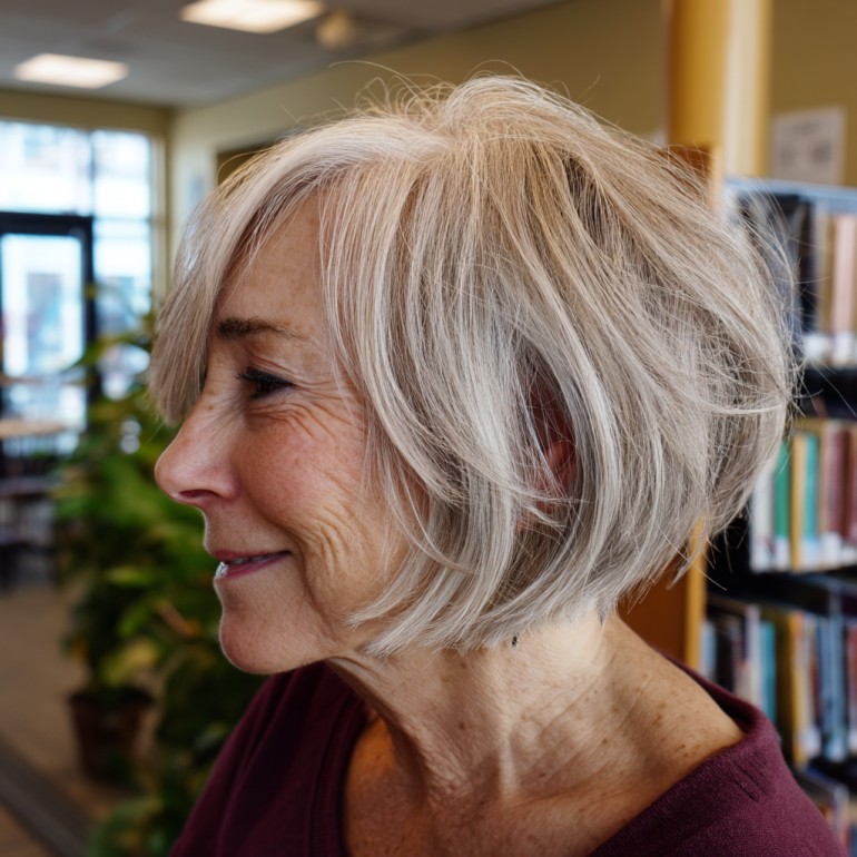 Soft Textured Silver Bob with Side-Swept Bangs