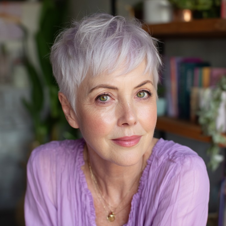 Trendy Short Textured Pixie with Soft Lavender Highlights