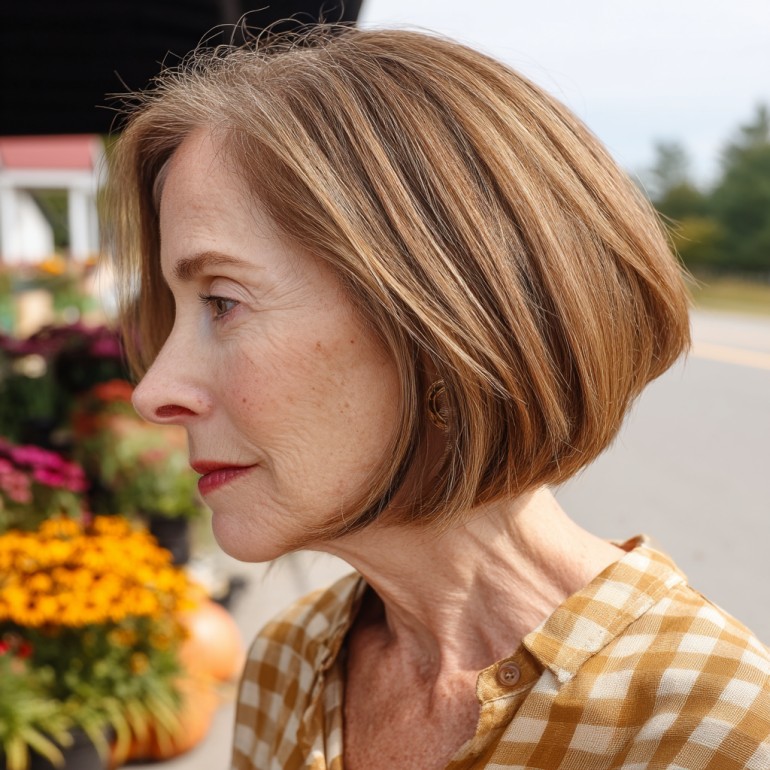 Warm Honey Brown Angled Bob with Subtle Highlights