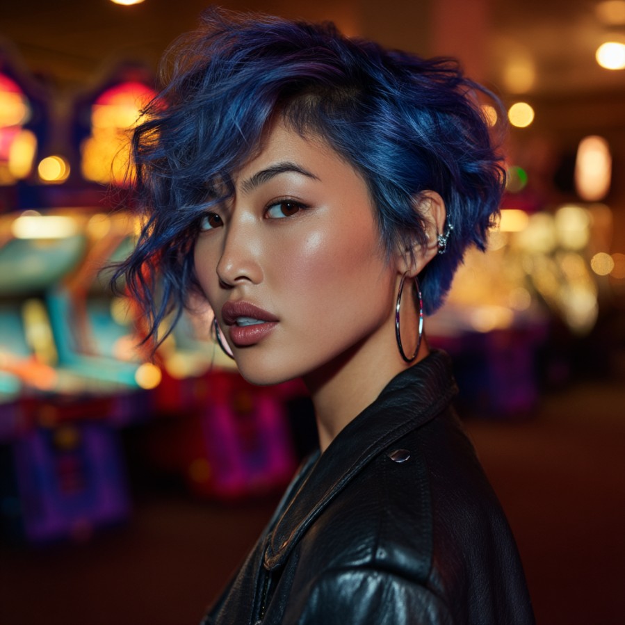 Bold Textured Curls with Electric Blue Highlights