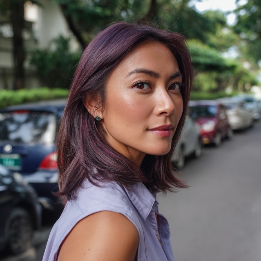 Chic Layered Lob with Subtle Plum Tones