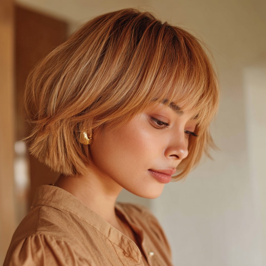 Chic Textured Bob with Subtle Caramel Highlights