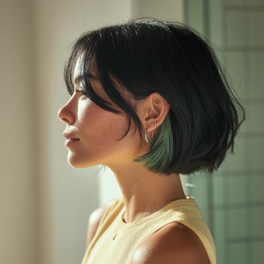 Chic Textured Bob with Subtle Green Accents