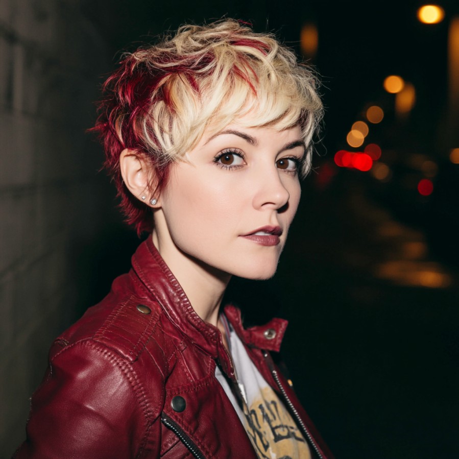 Choppy Textured Red and Blonde Short Cut with Bold Highlights