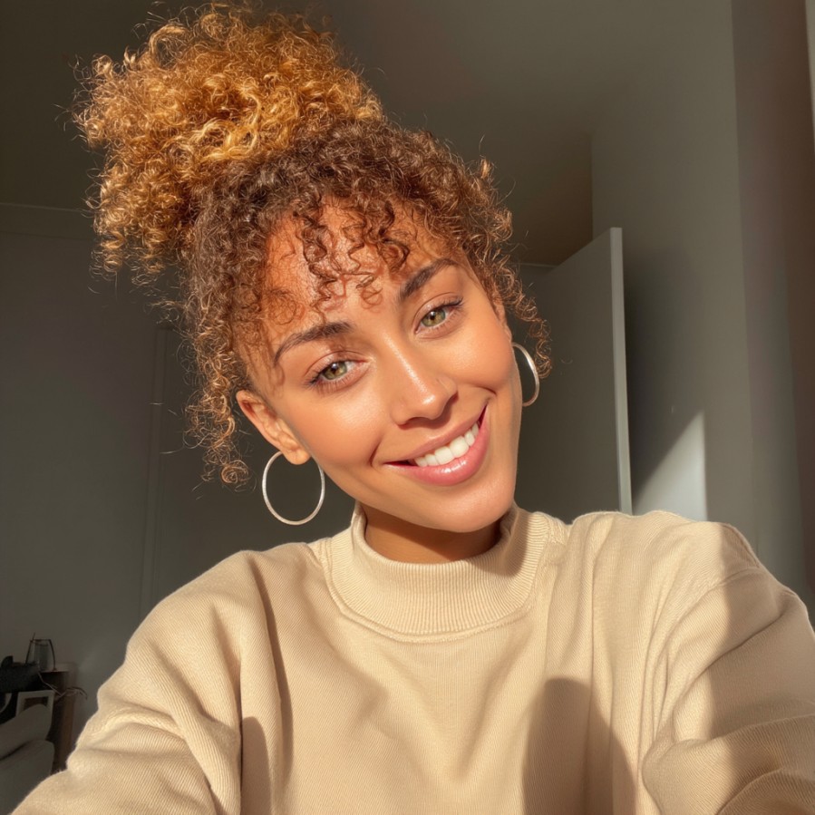 Curly Red and Blonde High Bun with Face-Framing Curls
