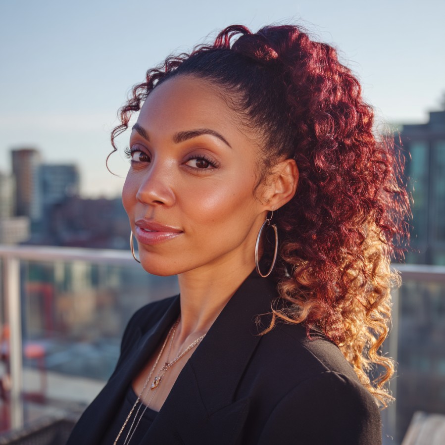 Dynamic Curly Red and Blonde Half-Up Ponytail