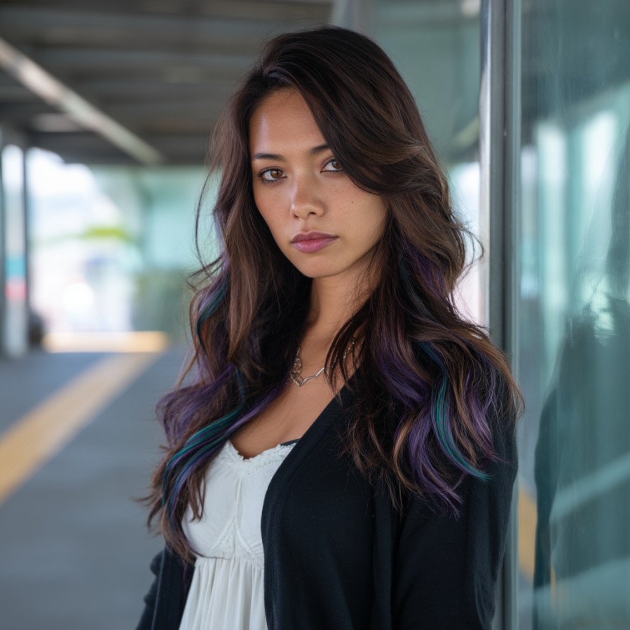 Dynamic Long Layers with Vibrant Teal and Purple Accents