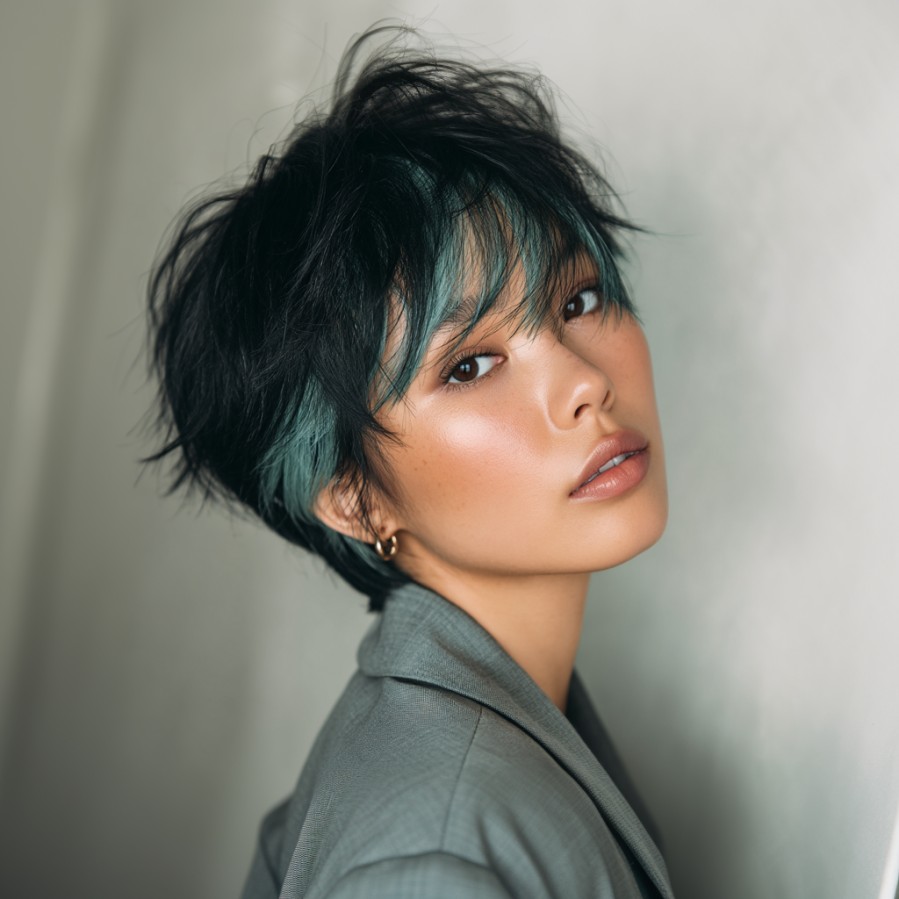 Edgy Textured Pixie with Teal Highlights