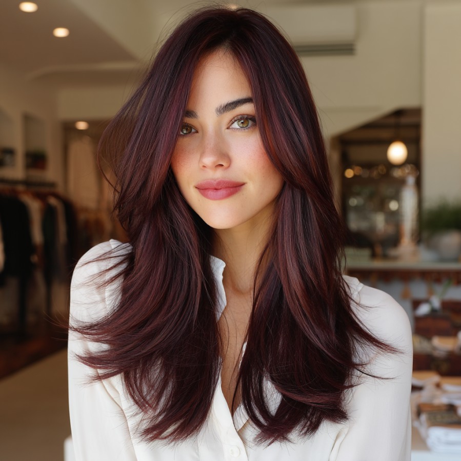 Glossy Deep Burgundy Long Layers with Subtle Highlights