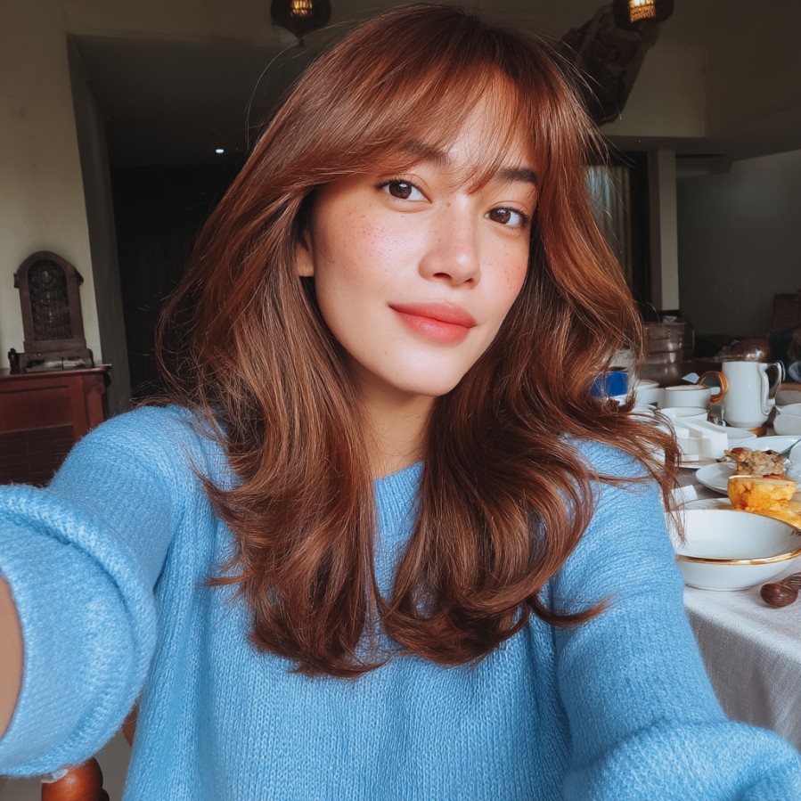 Layered Chestnut Waves with Soft Bangs