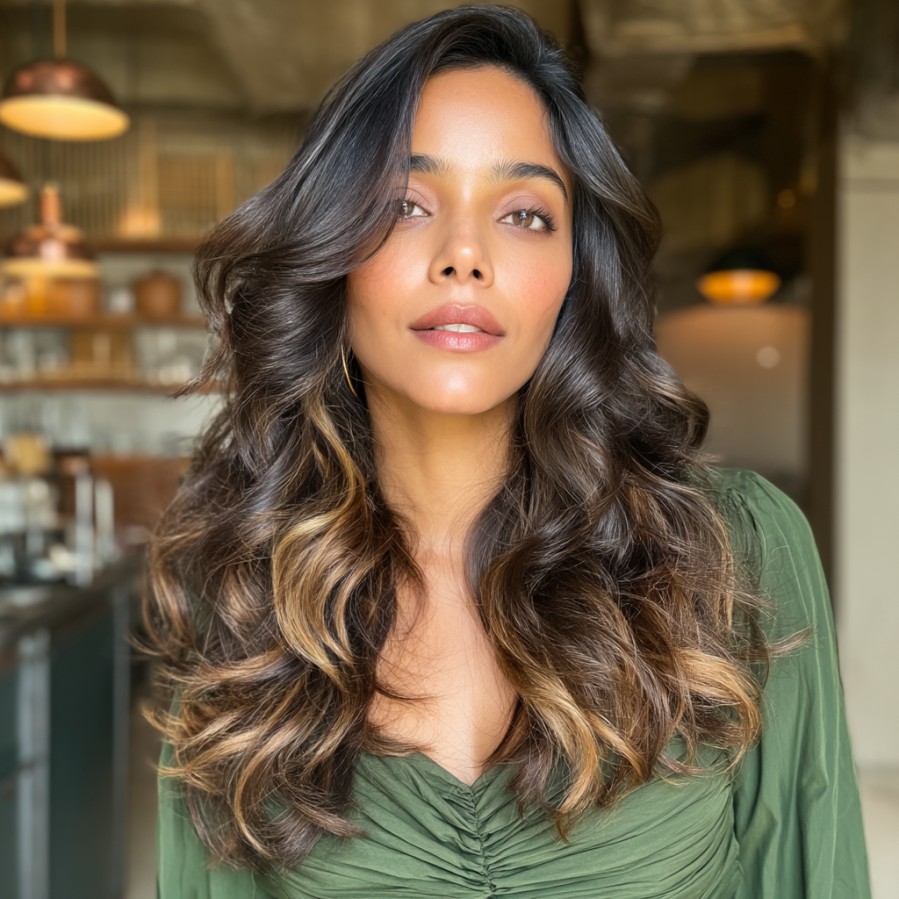 Luxurious Long Waves with Caramel Highlights