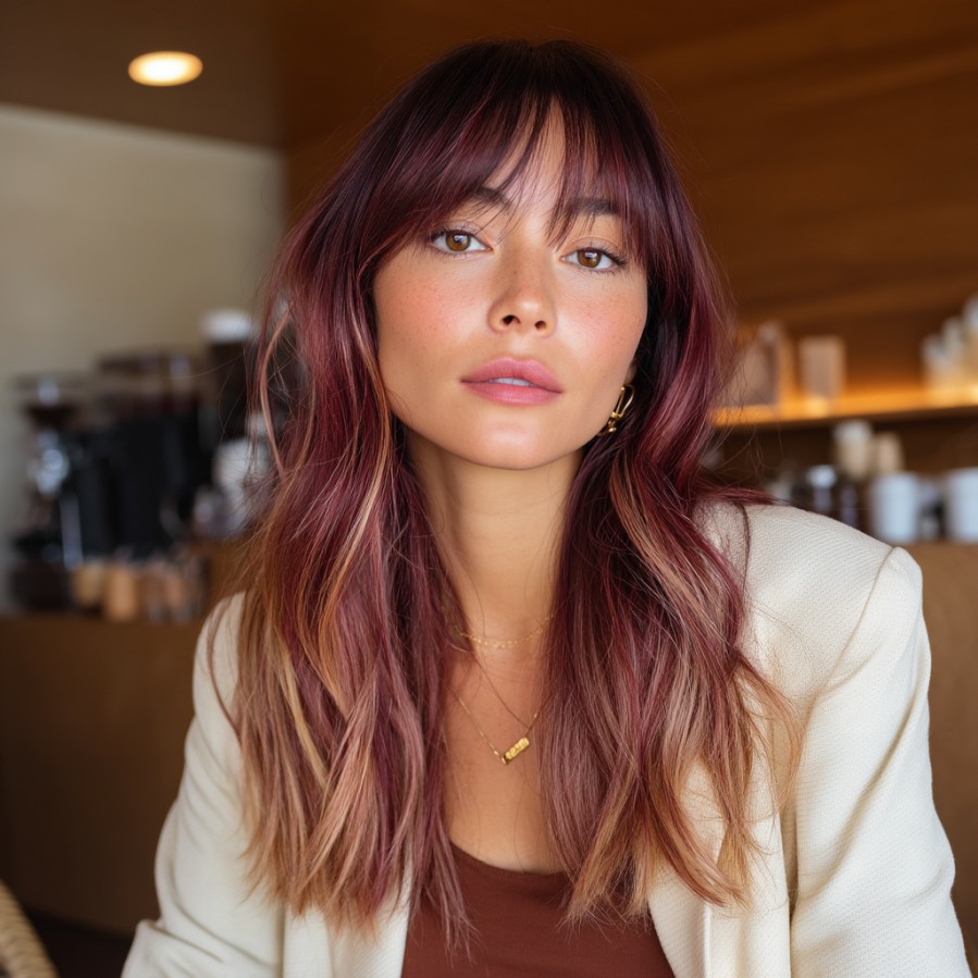 Modern Red and Blonde Highlighted Layers with Soft Bangs
