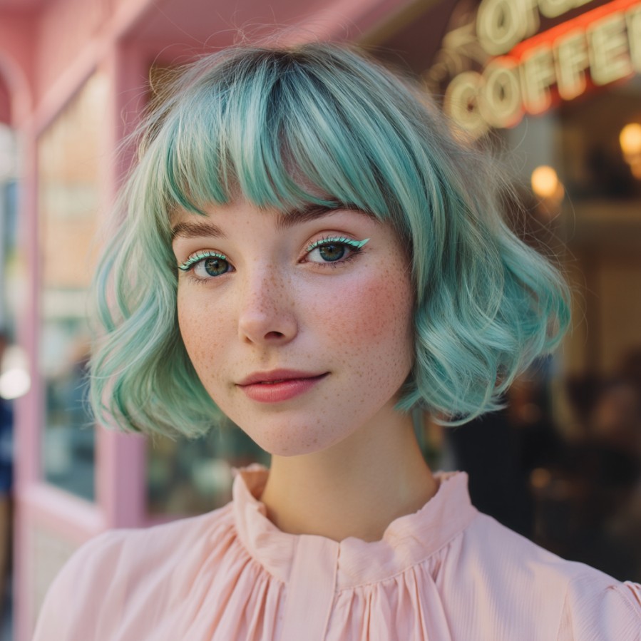 Playful Curly Bob with Soft Mint Hues