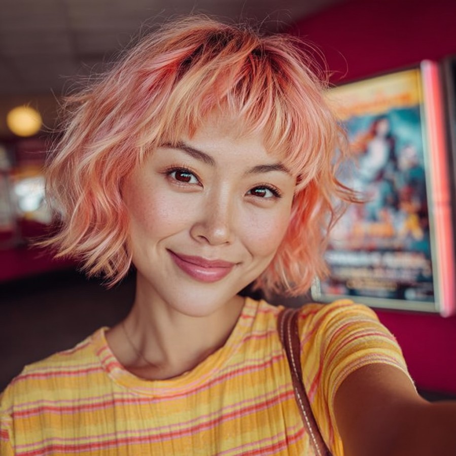 Playful Textured Bob with Blush Pink Highlights