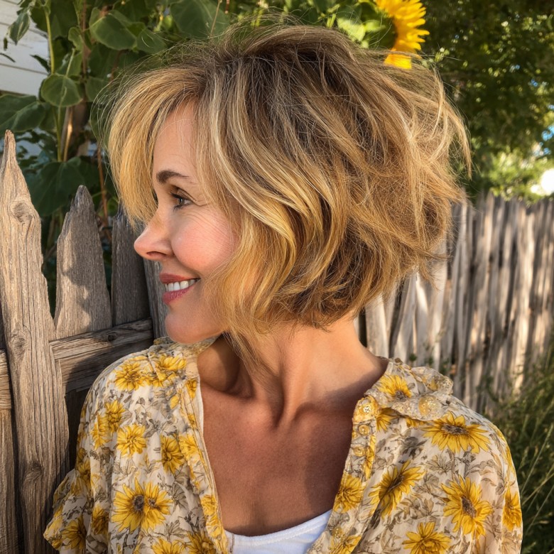 Playful Textured Short Stacked Bob with Sun-Kissed Highlights