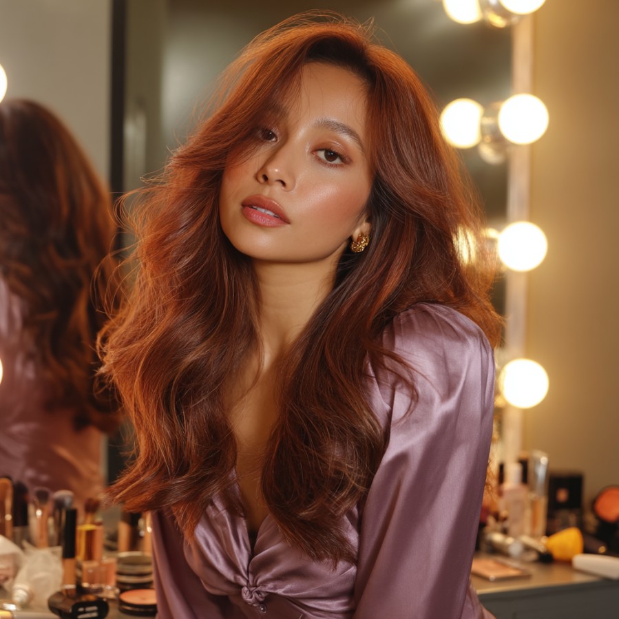 Radiant Long Layers with Warm Auburn Tones