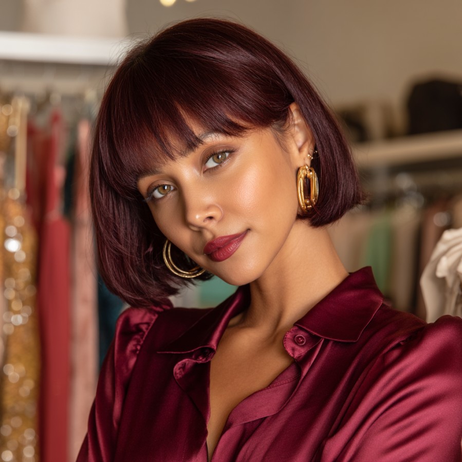 Sleek Burgundy Blunt Bob with Soft Bangs