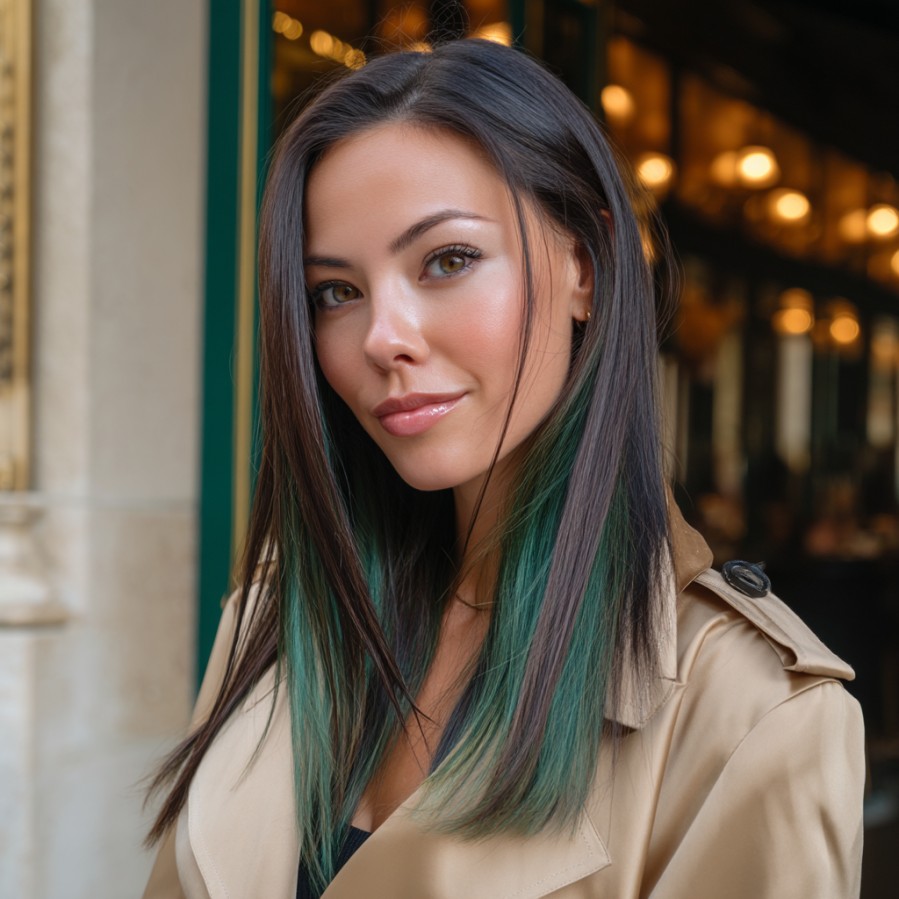 Sleek Long Layers with Teal Highlights