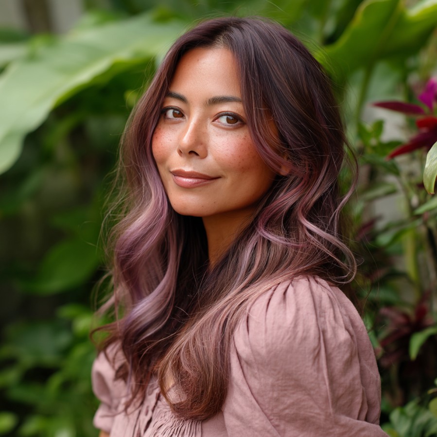 Soft Lavender-Tipped Long Layers for Morena Skin