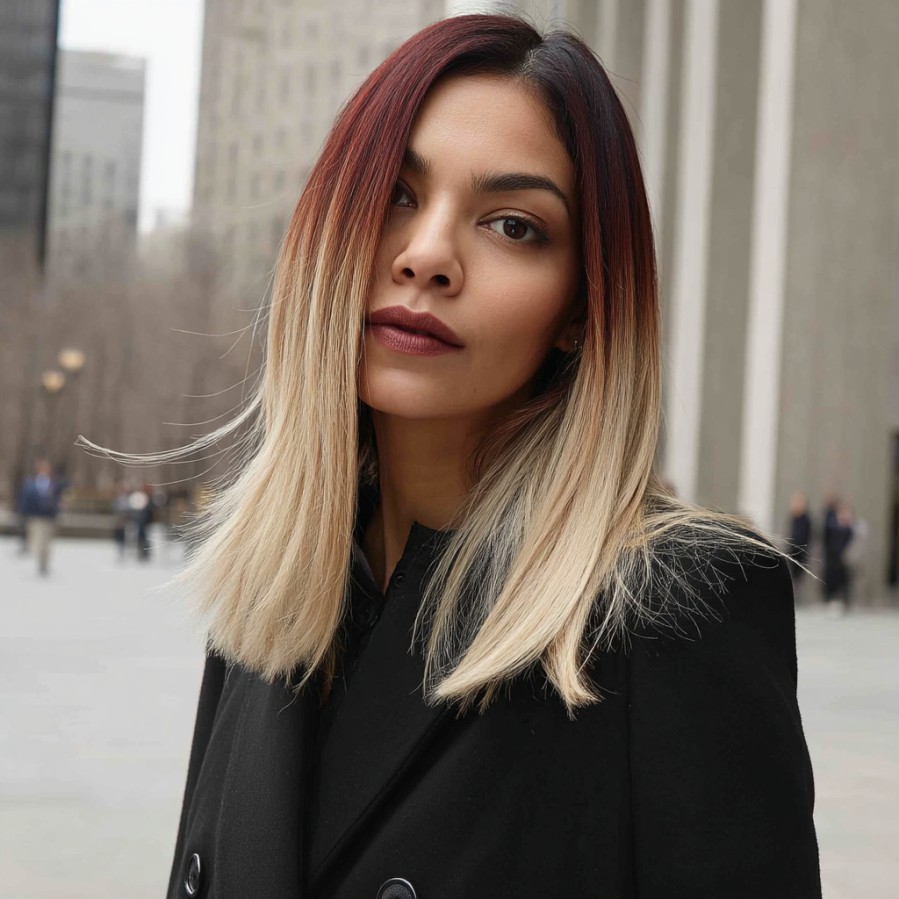 Striking Red and Blonde Balayage with Smooth Ends