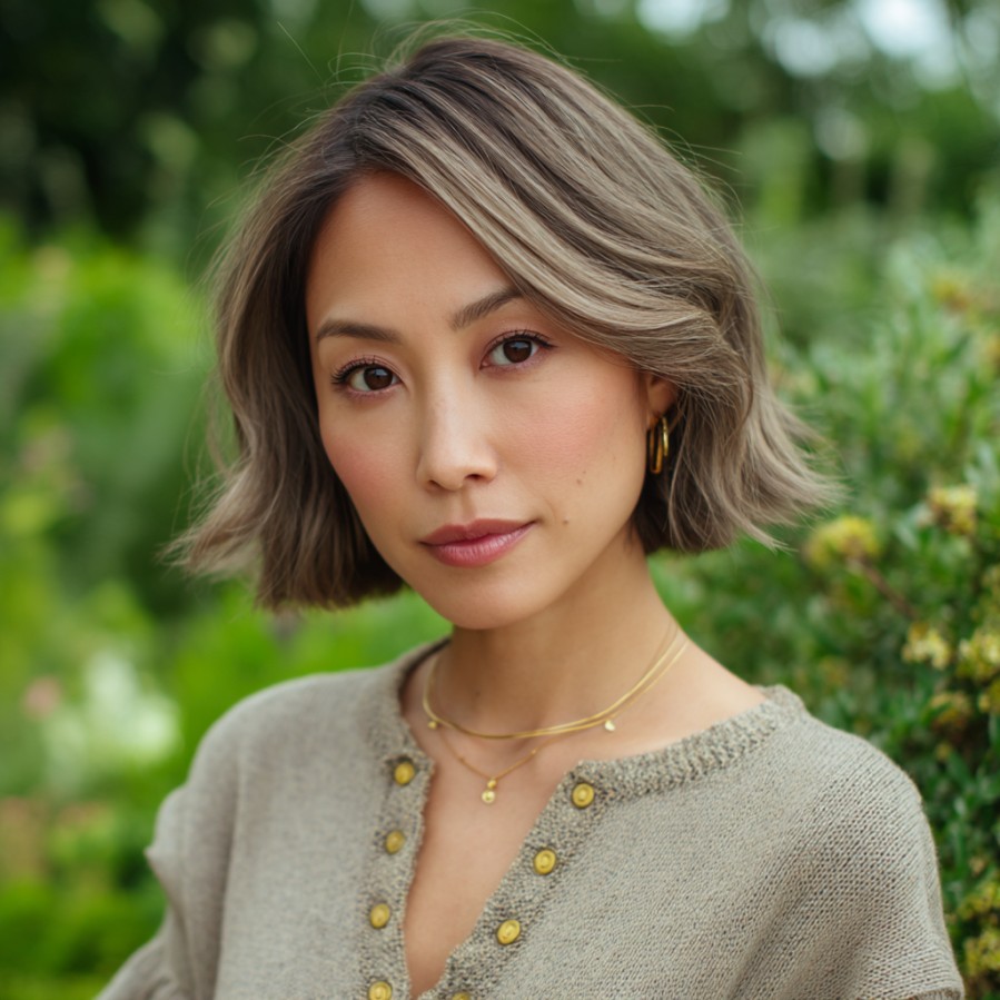 Textured Ash Brown Bob with Subtle Highlights