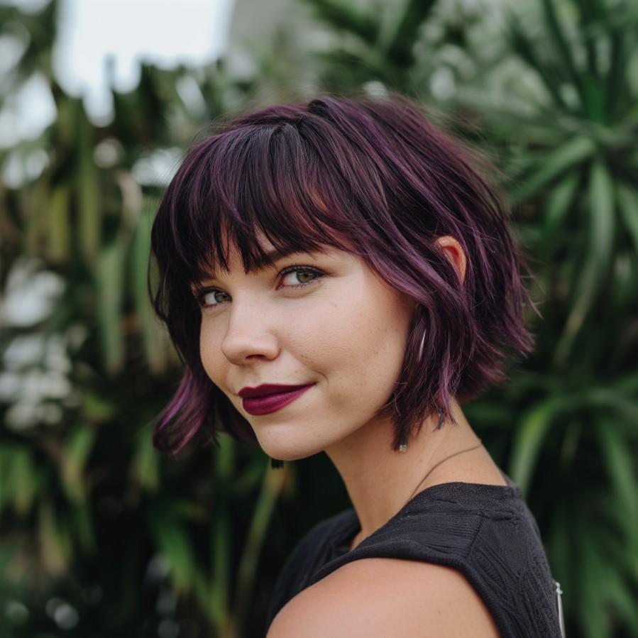 Textured Bob with Vibrant Plum Highlights