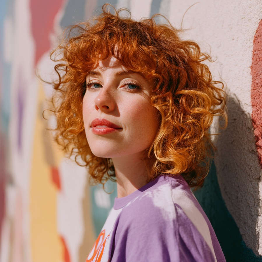 Textured Red and Blonde Curly Bob with Soft Bangs