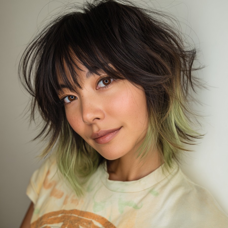 Textured Shaggy Cut with Vibrant Green Tips