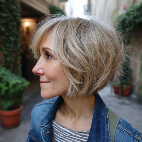 Textured Short Stacked Bob with Feathered Layers