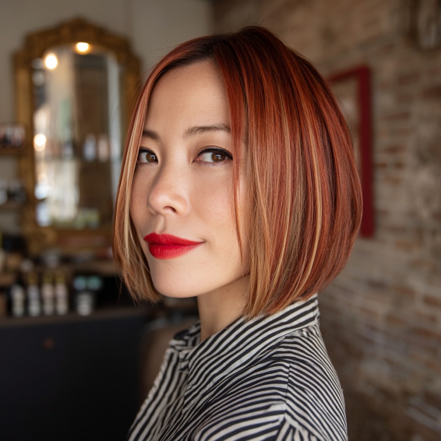Trendy Asymmetrical Red and Blonde Bob with Subtle Highlights