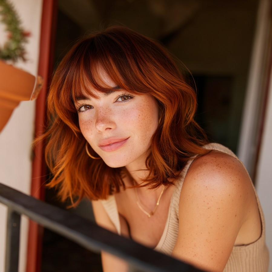 Vibrant Copper Waves with Soft Bangs