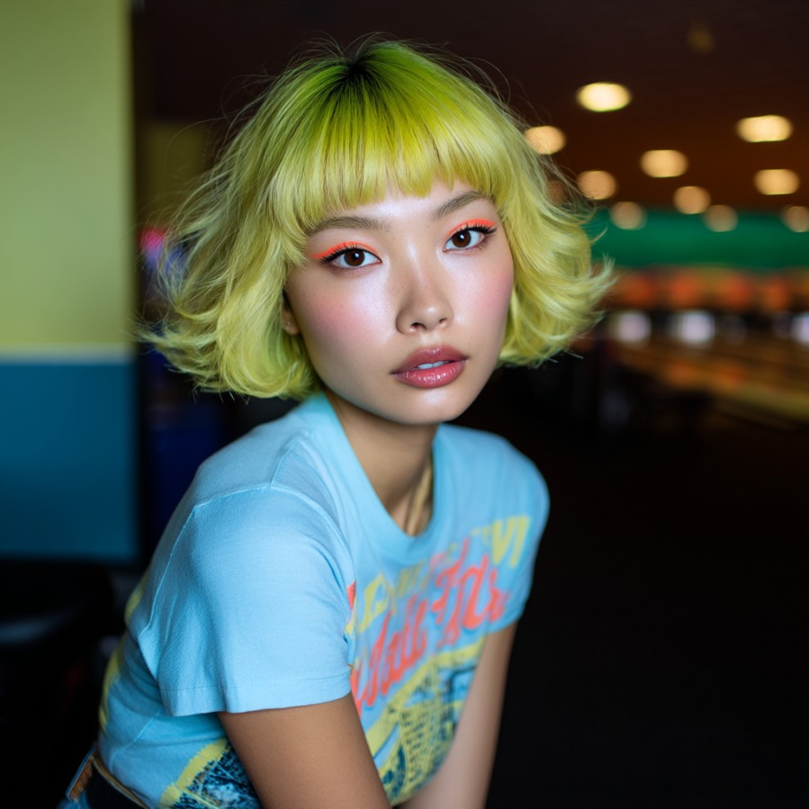 Vibrant Curly Bob with Neon Yellow Highlights