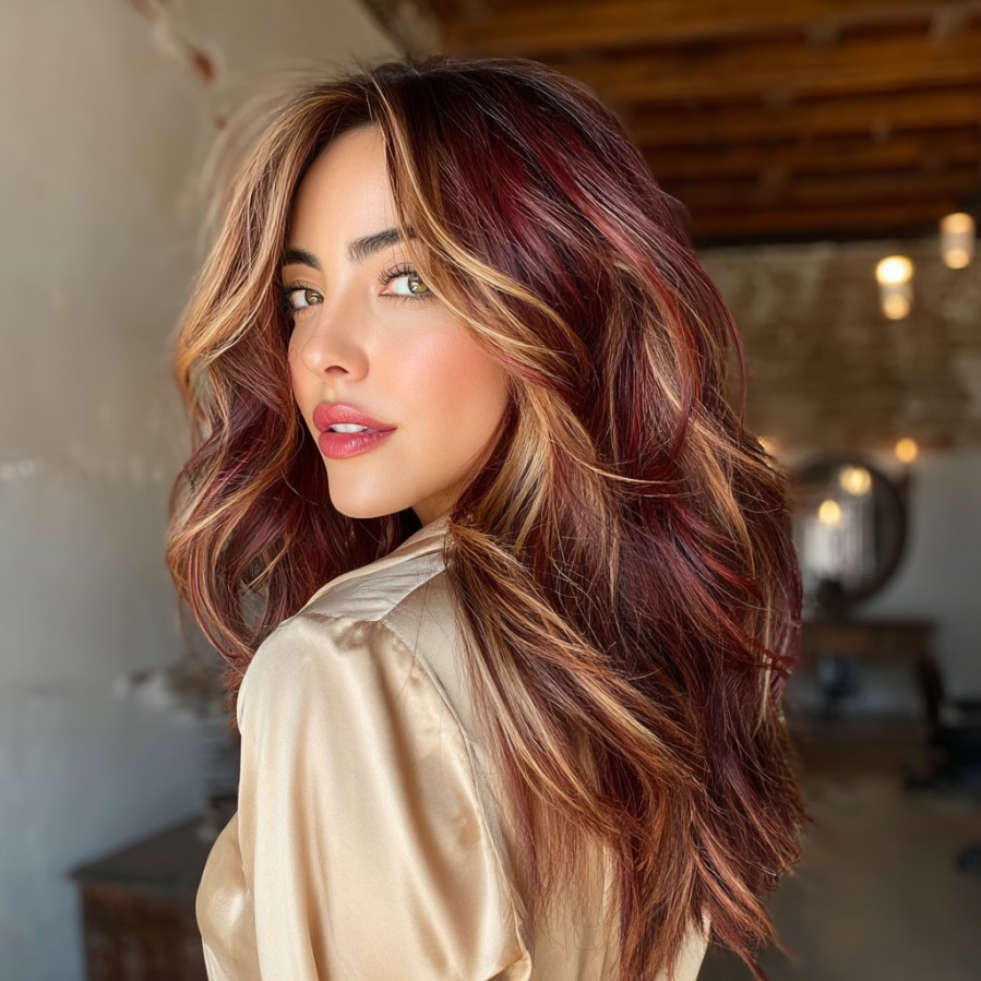 Vibrant Red and Blonde Layered Waves