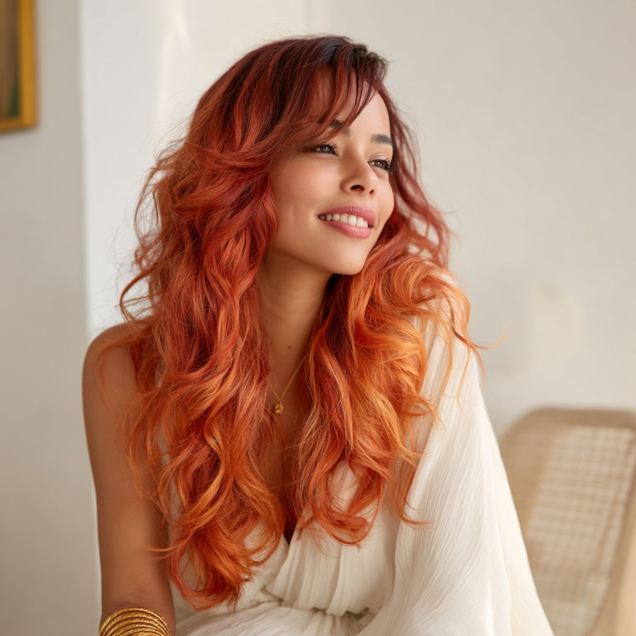 Vibrant Sunset Waves with Face-Framing Highlights