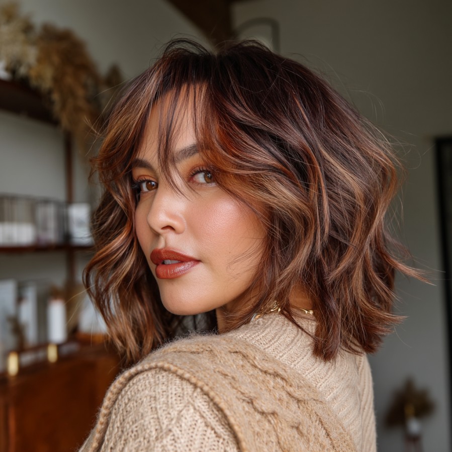 Warm Caramel Layered Bob with Face-Framing Strands