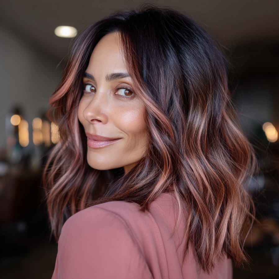 Warm Rose Gold Waves with Dark Roots