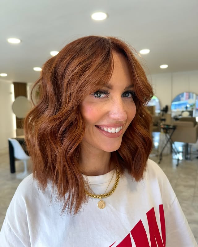 Chic Copper Textured Bob with Soft Waves