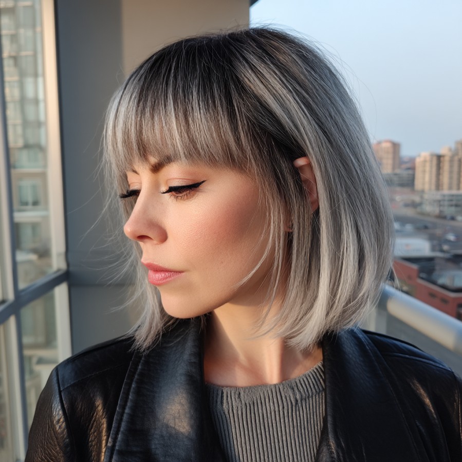 Chic Grey Blunt Bob with Textured Bangs