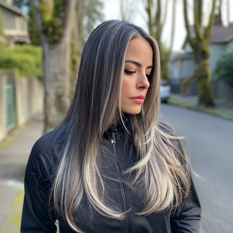 Long Silky Grey Hair with Subtle Highlights