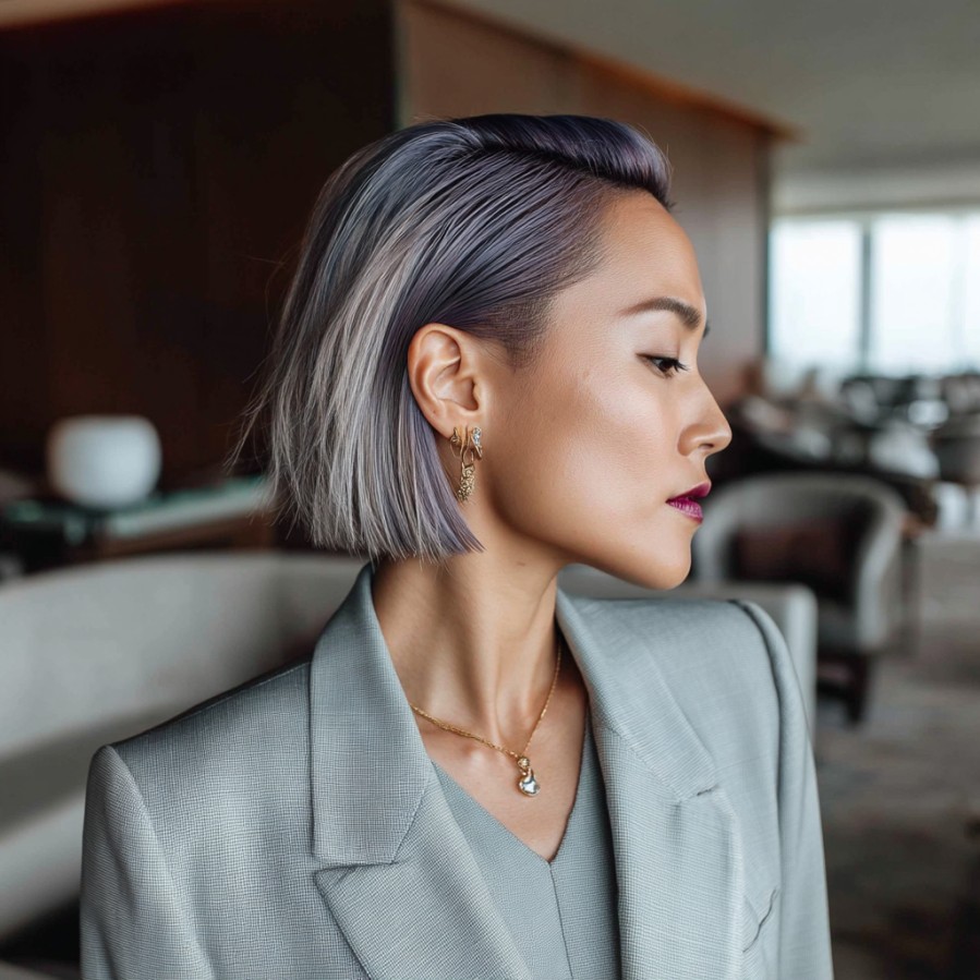 Modern Chic Grey Bob with Subtle Lavender Highlights