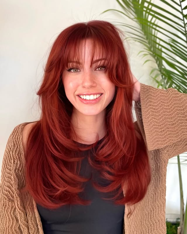 Radiant Copper Layers with Soft Face-Framing Bangs