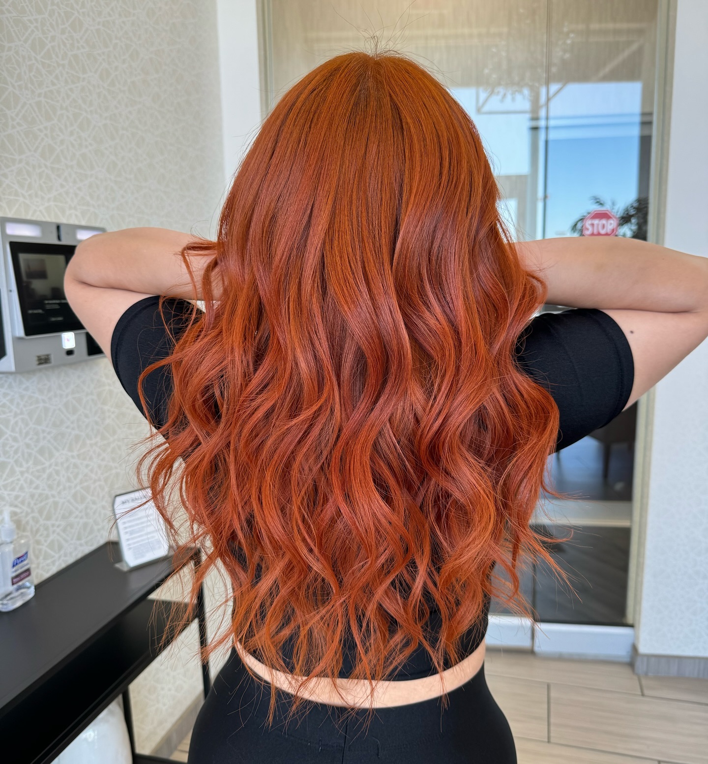 Radiant Copper Long Layers with Glossy Waves