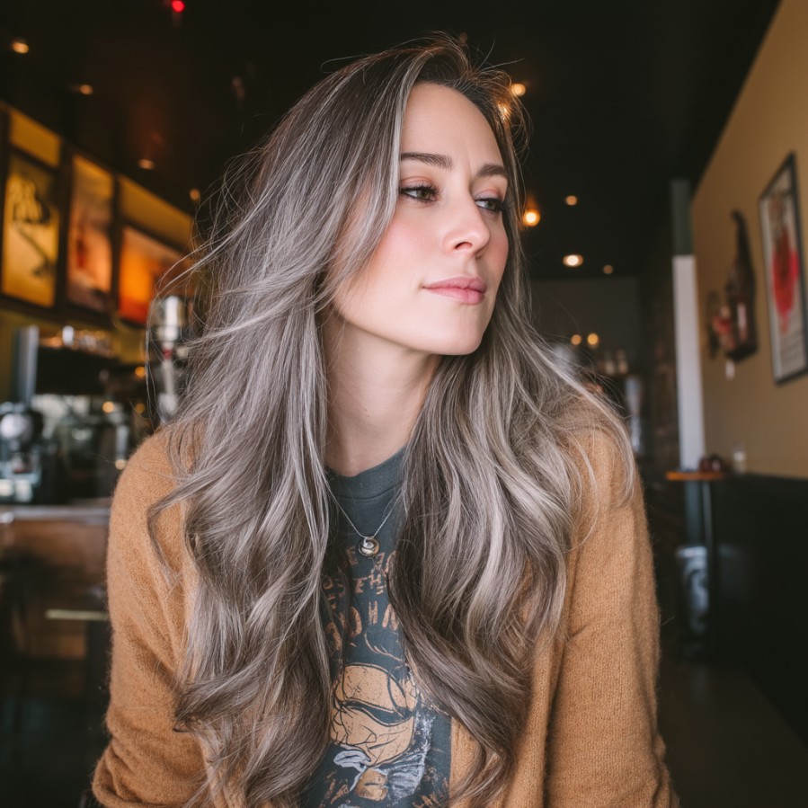 softly layered grey hair with subtle waves